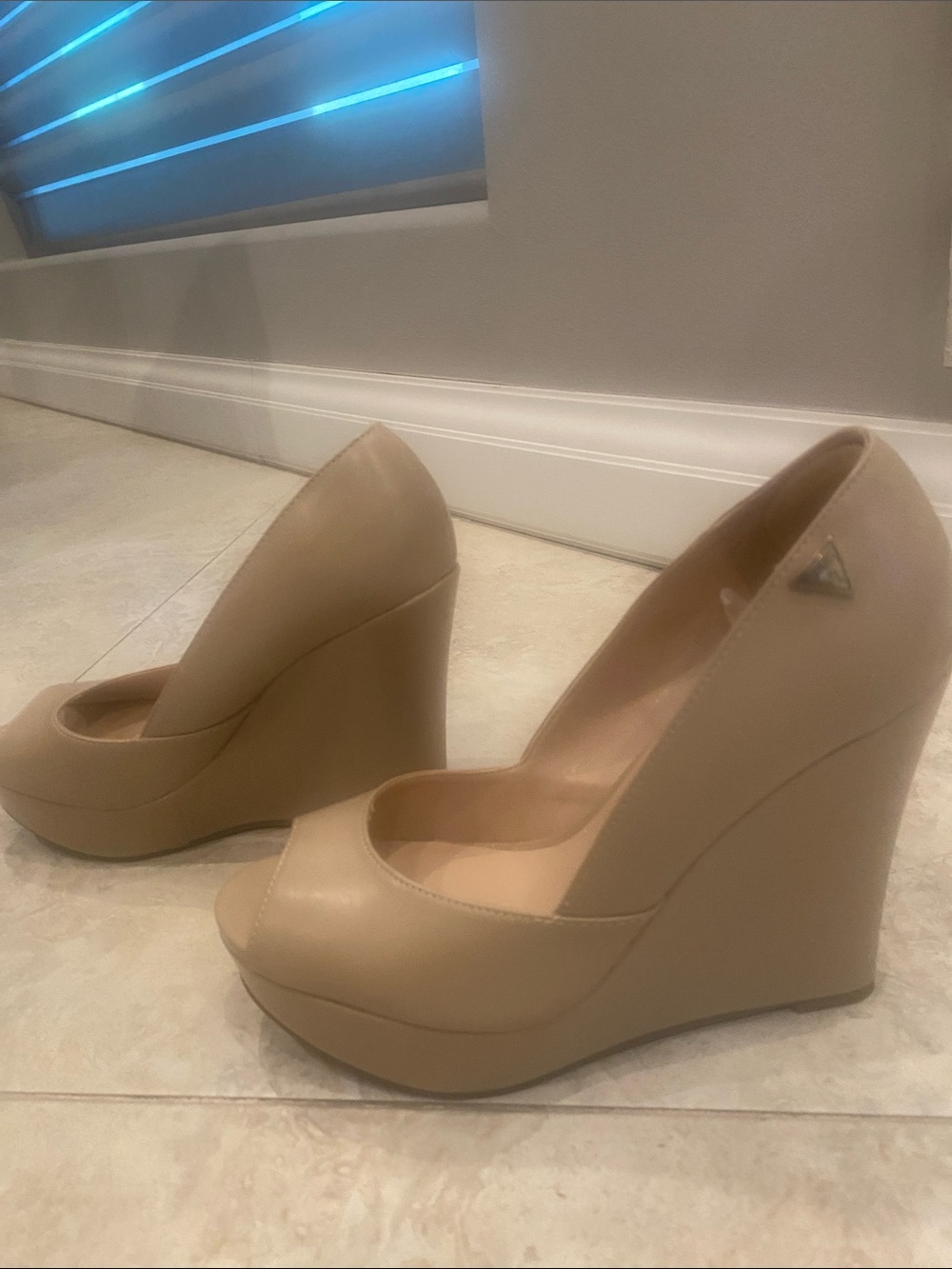 Guess Beige Peep-Toe Wedge Heels